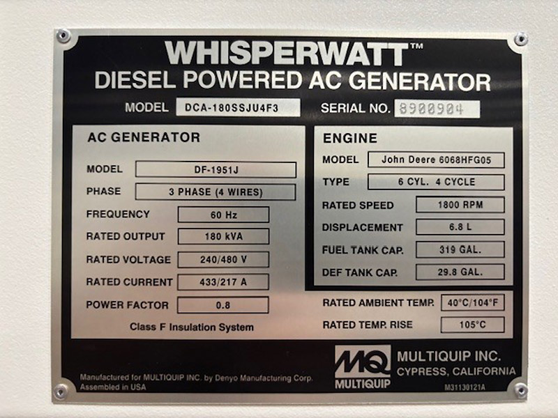 Multiquip 144 kW DCA180SSJU4F3 Multiquip 144 kW DCA180SSJU4F3
